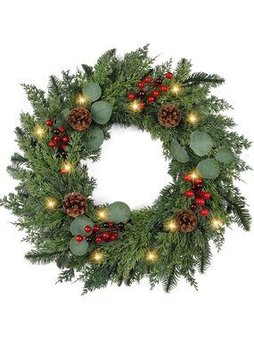 24-Inch Prelit Christmas Wreath with Lights, Pine Cones & Red Berries - Holiday